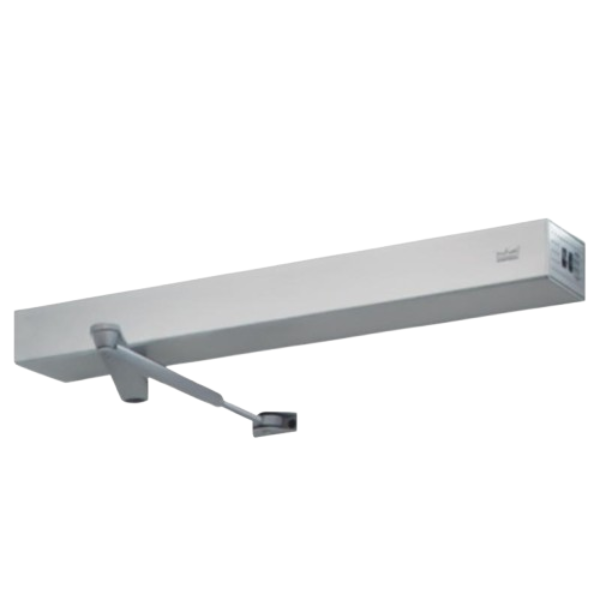 DORMA ED900-J8-SW-689 Low-Energy Door Operator with 110° powered swing and 180° manual swing, featuring a sleek aluminum finish, designed for top jamb installation on doors up to 48" wide in commercial applications.