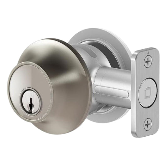Close-up view of the LEV-C-L12U Level Lock Touch Edition smart deadbolt in satin nickel finish.
