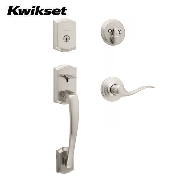 Kwikset - 818PTHXTNL - Prescott Handleset with Tustin Lever - Deadbolt Keyed One Side - Featuring SmartKey - Square Rose - 15 - Satin Nickel - Entrance - Grade AAA - UHS Hardware