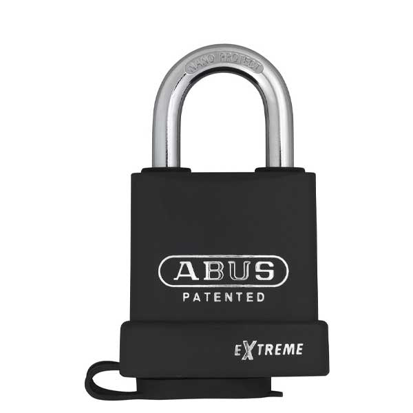 Close-up of the ABUS 83WP/63HB63 padlock with a weather-resistant plastic cover