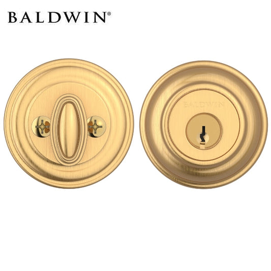 Baldwin Reserve SC.TRD.044 Single Cylinder Deadbolt in Satin Brass finish showcasing sleek and durable design.