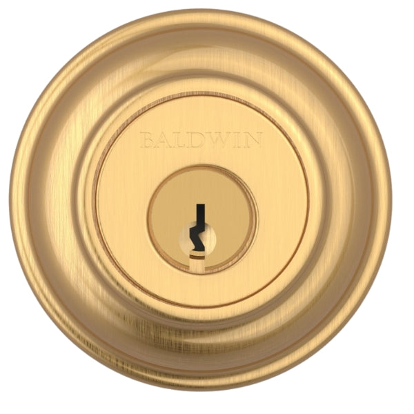 Close-up of Baldwin Reserve SC.TRD.044 Deadbolt keyhole and turn-piece mechanism in Satin Brass finish