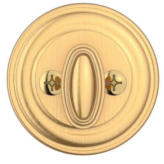 Baldwin Reserve SC.TRD.044 Deadbolt on a wooden door, highlighting elegant brass finish.