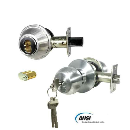 Heavy Duty IC Core Deadbolt w/ Commercial Door Knob Comboset Bundle - Includes SFIC Cores - Grade 2