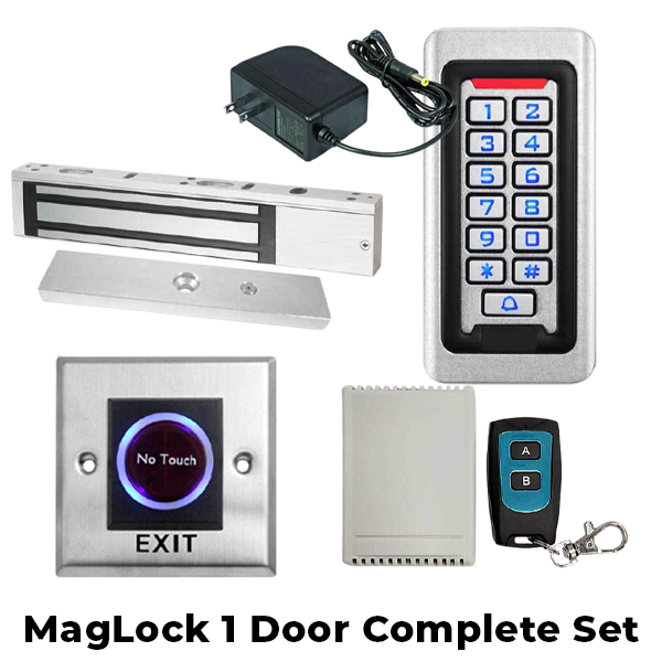 Complete Door Kit - Single Door Maglock 1200 lb w/ Stand Alone Keypad Controller - Wireless Remote Control Switch Kit - 12VDC Transformer & Contactless Door Exit Button - UHS Hardware