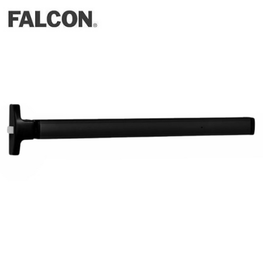 Falcon 1790 Series Rim Exit Device with narrow stile pushpad and black anodized aluminum finish, designed for aluminum doors.