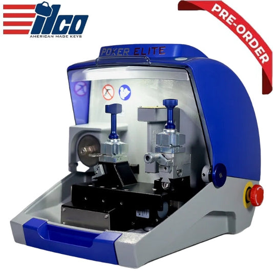 ILCO KM Poker Elite key-cutting machine in action, duplicating flat and cruciform keys.