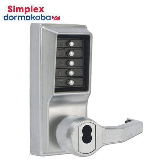 Simplex - LR1076S26D41 - Mechanical Pushbutton Cylindrical Lever Set - Entry / Privacy Lockout Lever - Schlage FSIC Prep - 2-3/4" Backset - Less Core - Satin Chrome - RH / RHR