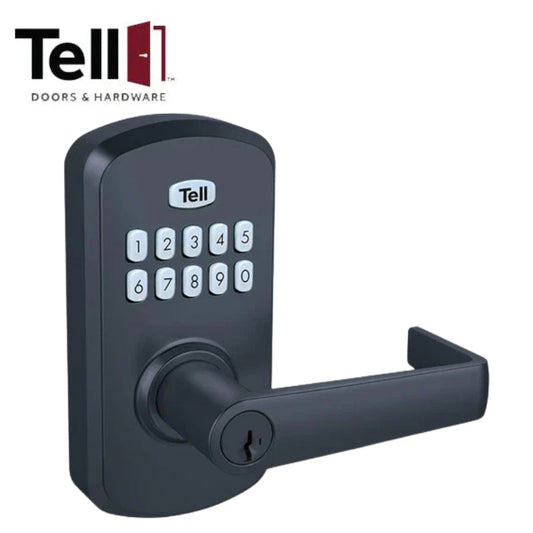 Front view of the TELL LE2000 Cortland Lever in matte black finish showcasing the electronic keypad.