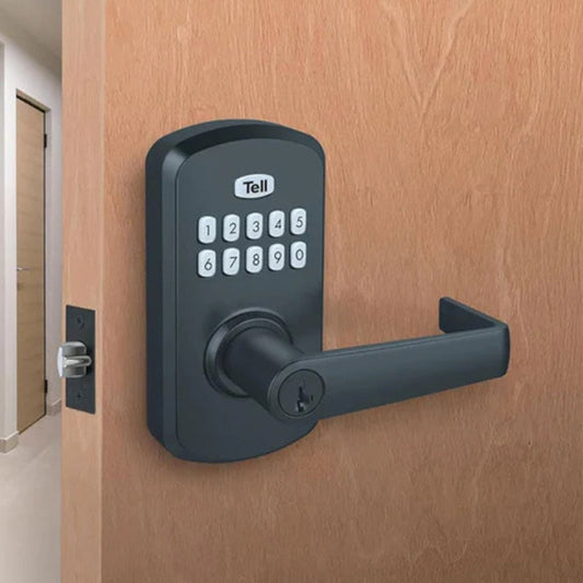 Reversible lever design of the TELL LE2000 lock, compatible with left-hand and right-hand doors."