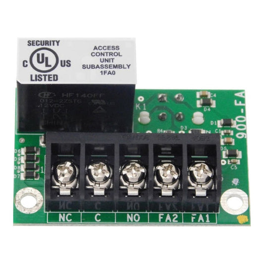 Close-up view of the Von Duprin 900-FA Fire Alarm Input Board, showing relay components