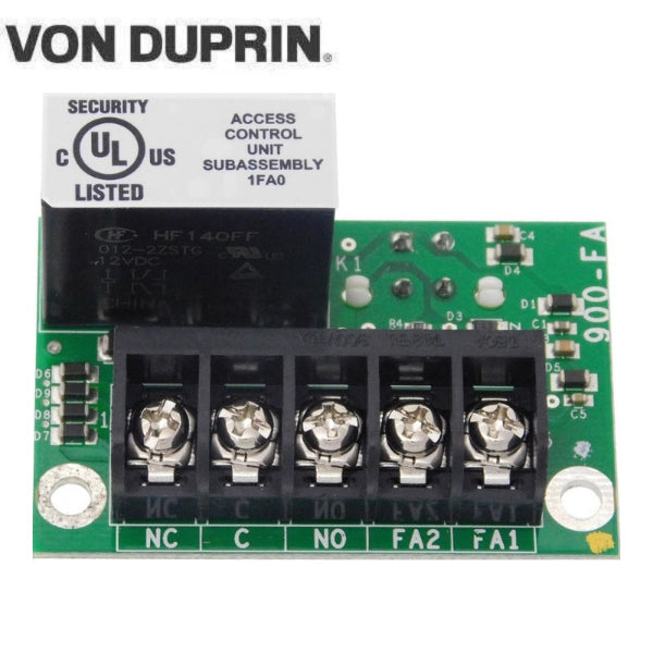 Top-down view of the Von Duprin 900-FA circuit board with connection terminals