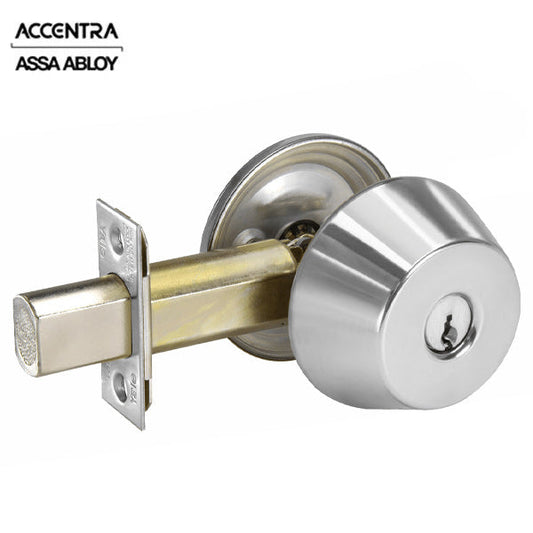 YALE-D111-626 single cylinder deadbolt in satin chrome finish, front view