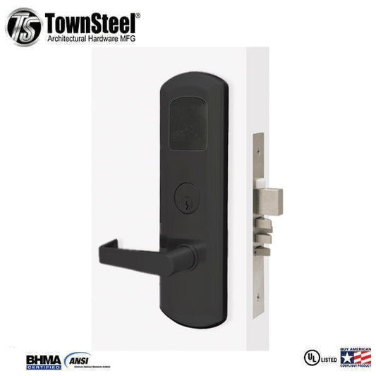 TownSteel - E-Kontos 1B 5000 Series Mortise Lock - Bluetooth - Automated Deadbolt - 2-3/4″ Backset - Quest Lever Set - Right Handed - Flat Black - Keyed Different - Grade 1 - UHS Hardware
