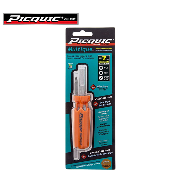 PICQUIC - Multique - Multi Bit Screwdriver - W/ P0,1,2, / T6,8 / S 5/32", 3/16" (3/16" hex bits) - UHS Hardware