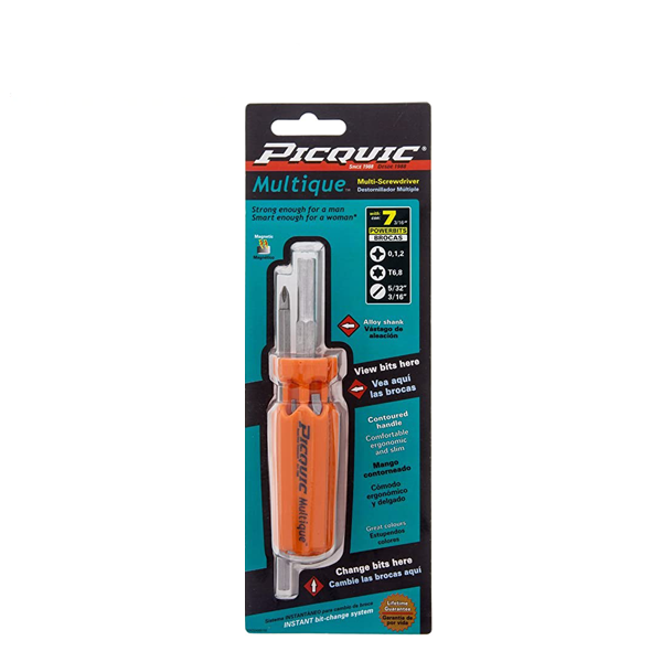 PICQUIC - Multique - Multi Bit Screwdriver - W/ P0,1,2, / T6,8 / S 5/32", 3/16" (3/16" hex bits) - UHS Hardware