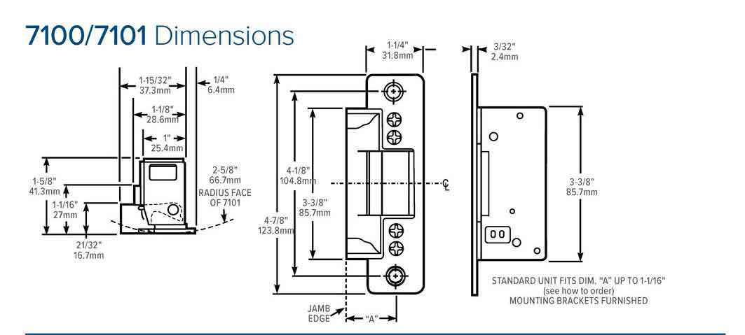 Adams Rite - 7100 - Electric Strike for Adams Rite & Cylindrical Locks -  Anodized Aluminum - Fail Secure -1-1/4" x 4-7/8" Flat Radius Plate - 16VAC - UHS Hardware