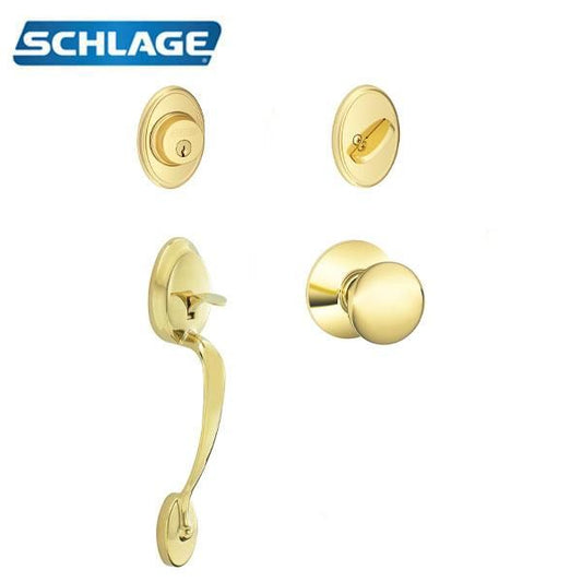 Schlage F362 Double Cylinder Camelot Door Handleset - w/Plymouth Knob - Bright Brass - UHS Hardware