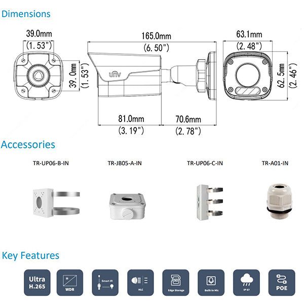 Uniview / IP Cameras / Mini Bullet / 2.8mm Fixed Lens / 5MP / Smart IR / IP67 / WDR / UNV-2125SR3-ADPF28M-F - UHS Hardware