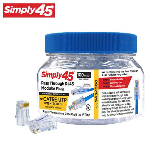 Simply45 - S45-1500 - Unshielded - Pass-Through RJ45 Modular Plugs - Blue Tint - Commercial Rated - for Cat5e UTP Solid / Cat5e/6 Stranded - Jar of 100 - UHS Hardware