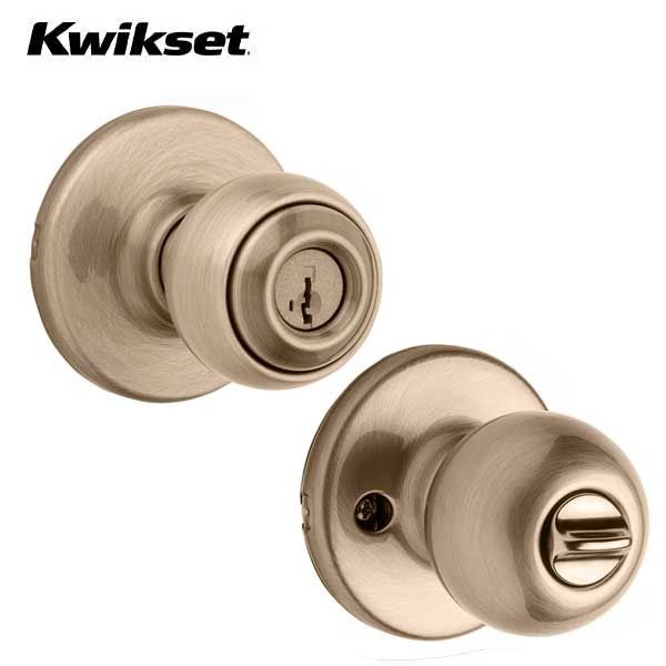 Kwikset - 400P - Polo Knob  - Round Rose - Entrance - 5 - Antique Brass - SmartKey Technology - Grade 3 - UHS Hardware