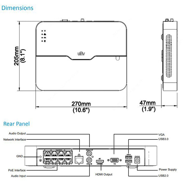 Uniview / 8-Channel / 8MP / 4K / NVR / 1 SATA / HDD up to 6 TB / UNV-301-08LX-P8 - UHS Hardware