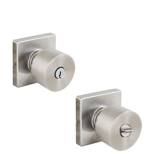 Contemporary Flat Ball Door Knob Set - Entrance - Square Rose - Satin Nickel - Grade 3 - UHS Hardware