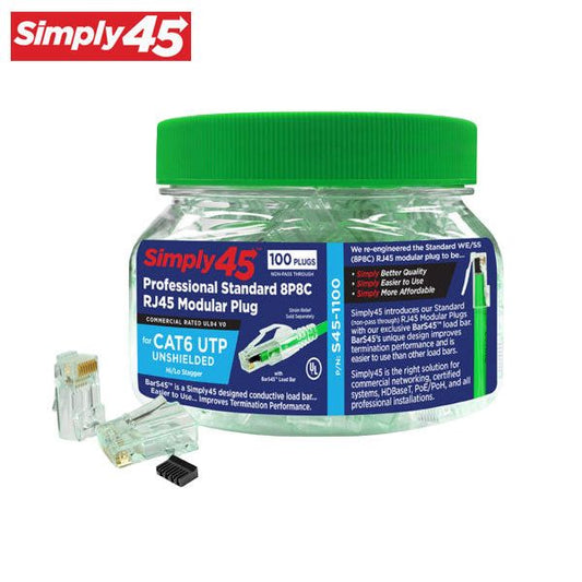 Simply45 - S45-1100 - Unshielded - Standard WE/SS (8P8C) RJ45 Modular Plugs - Green Tint - Commercial Rated - w/ Bar45 Load Bar - for Cat6/6a UTP - Jar of 100 - UHS Hardware