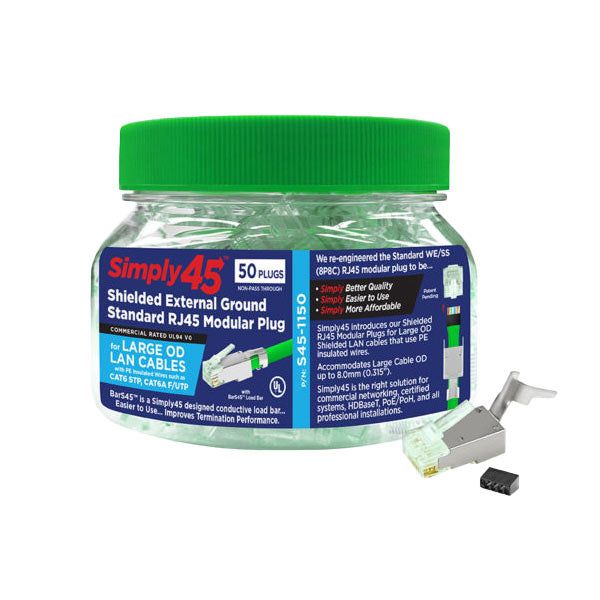 Simply45 - S45-1150 - Shielded - External Ground Standard WE/SS (8P8C) RJ45 Modular Plugs - Green Tint - Commercial Rated - w/ Bar45 Load Bar - for Large OD Cat6 STP / Cat6A F/UTP - Jar of 50 - UHS Hardware