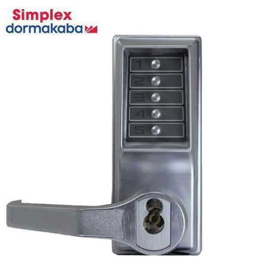 Simplex - LL1041S - Mechanical Pushbutton Cylindrical Lever Lock - Combination/Passage - LFIC Schlage - 2¾" Backset - Satin Chrome - LH/LHR - UHS Hardware