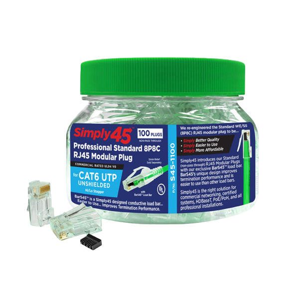 Simply45 - S45-1100 - Unshielded - Standard WE/SS (8P8C) RJ45 Modular Plugs - Green Tint - Commercial Rated - w/ Bar45 Load Bar - for Cat6/6a UTP - Jar of 100 - UHS Hardware