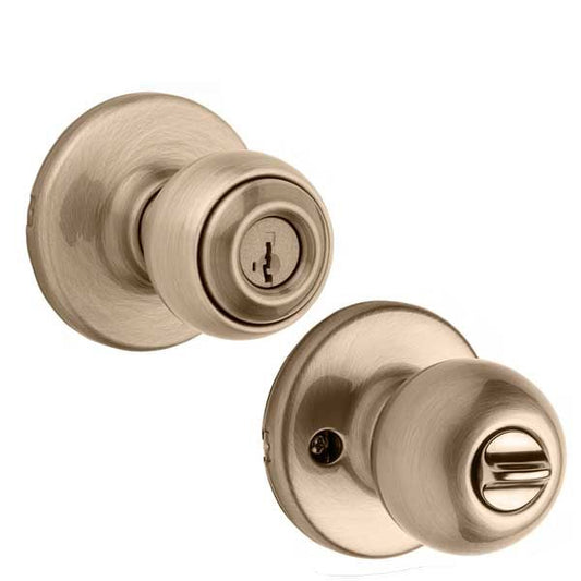 Kwikset - 400P - Polo Knob  - Round Rose - Entrance - 5 - Antique Brass - SmartKey Technology - Grade 3 - UHS Hardware