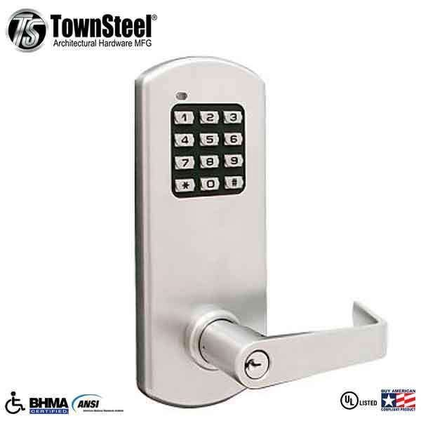 TownSteel - XCE2020S - Electronic Push Button Lever Lock - Clutch Lever - Satin Chrome - Grade 1 - UHS Hardware