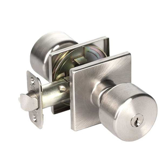 Contemporary Flat Ball Door Knob Set - Entrance - Square Rose - Satin Nickel - Grade 3 - UHS Hardware