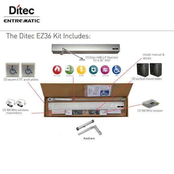 Ditec - EZ 36  Wireless Automatic Door Kit - PULL Arm - Left Hand - 39" Header (36" Door) -  Clear Coat - For Single Doors - UHS Hardware