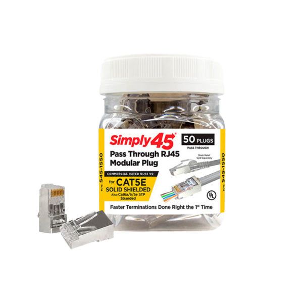 Simply45 - S45-1550 - Shielded - Internal Ground Pass-Through RJ45 Modular Plugs - Blue Tint - Commercial Rated - for Cat5e STP Solid / Cat5e/6/6a STP Stranded - Jar of 50 - UHS Hardware