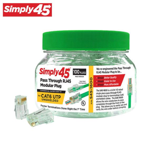 Simply45 - S45-1600 - Unshielded - Pass-Through RJ45 Modular Plugs - Green Tint - Commercial Rated - for Cat6 UTP Solid / Cat5e/6 UTP Stranded - Jar of 100 - UHS Hardware