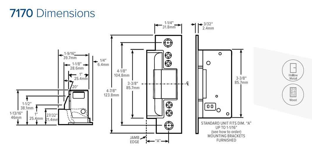 Adams Rite - 7170 - Electric Strike for Mortise & Cylindrical Locks -  Anodized Aluminum - Fail Secure -  1-1/4" x 4-7/8"  Flat Square Plate - 12VDC - UHS Hardware