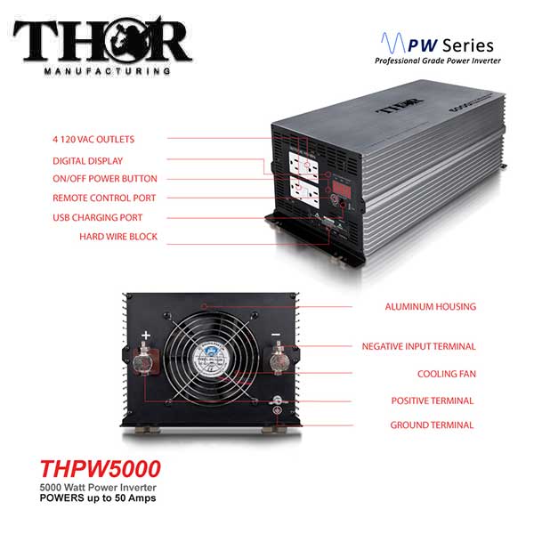 THOR - THPW5000 - 5000 Watt Pure Sine Wave Power Inverter - w/ USB 2.1 - UHS Hardware