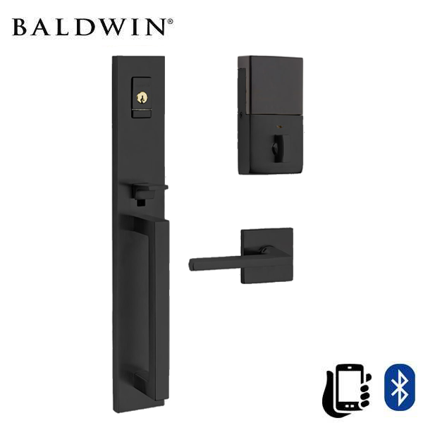 Baldwin Estate Evolved - 85392.BRENT - Minneapolis Escutcheon Full Handleset - Singl Cyl - Bluetooth - 190 - Satin Black - Grade 2 - RH - UHS Hardware