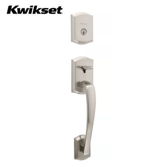 Kwikset - 818PTHXTNL - Prescott Handleset with Tustin Lever - Deadbolt Keyed One Side - Featuring SmartKey  - Square Rose - 15 - Satin Nickel - Entrance - Grade AAA - UHS Hardware