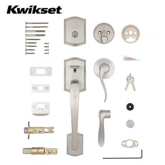 Kwikset - 818PTHXTNL - Prescott Handleset with Tustin Lever - Deadbolt Keyed One Side - Featuring SmartKey  - Square Rose - 15 - Satin Nickel - Entrance - Grade AAA - UHS Hardware