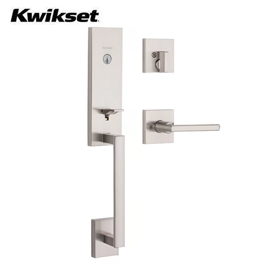 Kwikset - 818VNHXHF - Vancouver Handleset with Halifax Lever - Deadbolt Keyed One Side - Featuring SmartKey - Square Rose - 15 - Satin Nickel - Entrance - Grade AAA - UHS Hardware