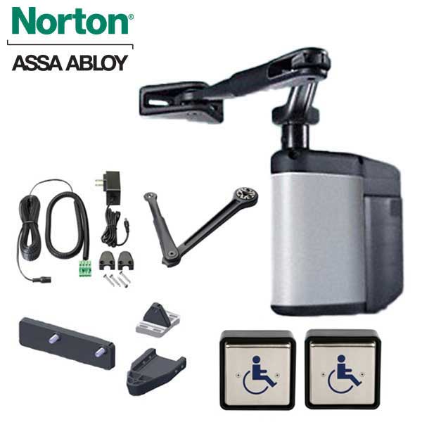 Norton - 5845 - Regenerative Door Operator ADAEZ PRO COMPLETE Kit - Push & Pull Mounting - Square Buttons - Satin Aluminum - Grade 1 - UHS Hardware