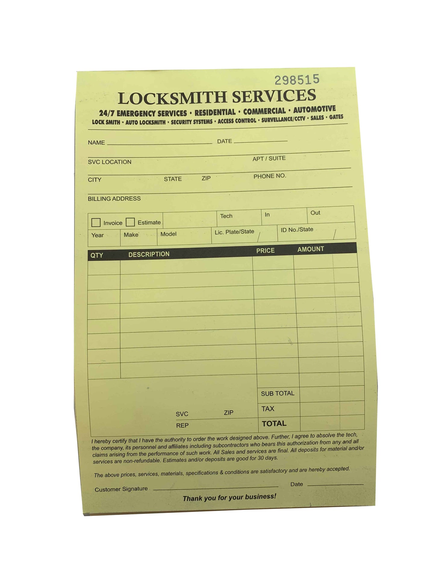 Receipt Book (Invoices) For Locksmith - UHS Hardware