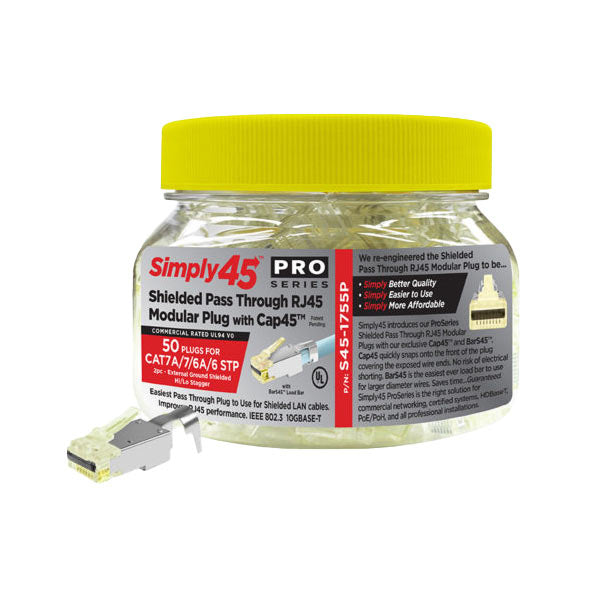 Simply45 - S45-1755P - ProSeries - Shielded - External Ground Pass-Through RJ45 Modular Plugs - Yellow Tint - Commercial Rated - w/ Bar45 + Cap45 - for Cat7a/7/6a/6 STP Solid - Jar of 50 - UHS Hardware