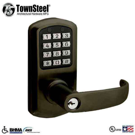 TownSteel - e-Elite 2010 - Electronic Push Button Lever Lock - 2-3/4″ Backset - Rigid Lever - Oil Rubbed Bronze - Key Override - Grade 1 - UHS Hardware