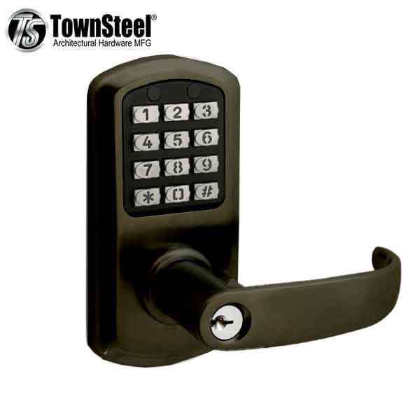 TownSteel - e-Elite 2010 - Electronic Push Button Lever Lock - 2-3/4″ Backset - Rigid Lever - Oil Rubbed Bronze - Key Override - Grade 1 - UHS Hardware