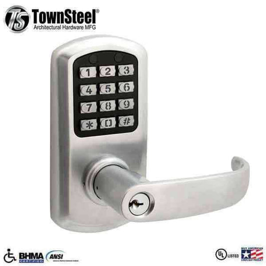 TownSteel - e-Elite 2010 - Electronic Push Button Lever Lock - 2-3/8″ Backset - Rigid Lever - Satin Chrome  - Key Override - Grade 1 - UHS Hardware