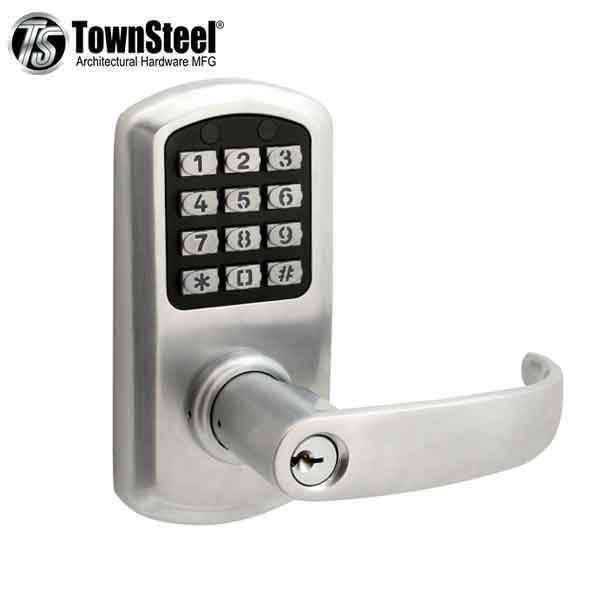 TownSteel - e-Elite 2010 - Electronic Push Button Lever Lock - 2-3/8″ Backset - Rigid Lever - Satin Chrome  - Key Override - Grade 1 - UHS Hardware